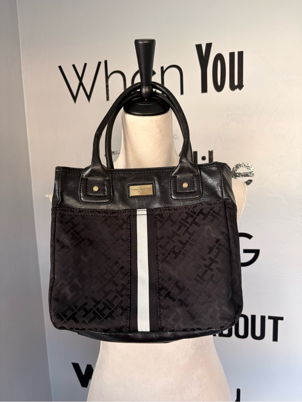 Tommy Hilfiger Black Bag with White Stripe, Gold Plaque and Leather Trim